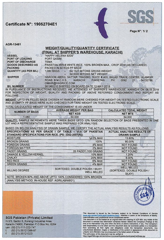 SGS Weight/Quality/Quantity Certificate